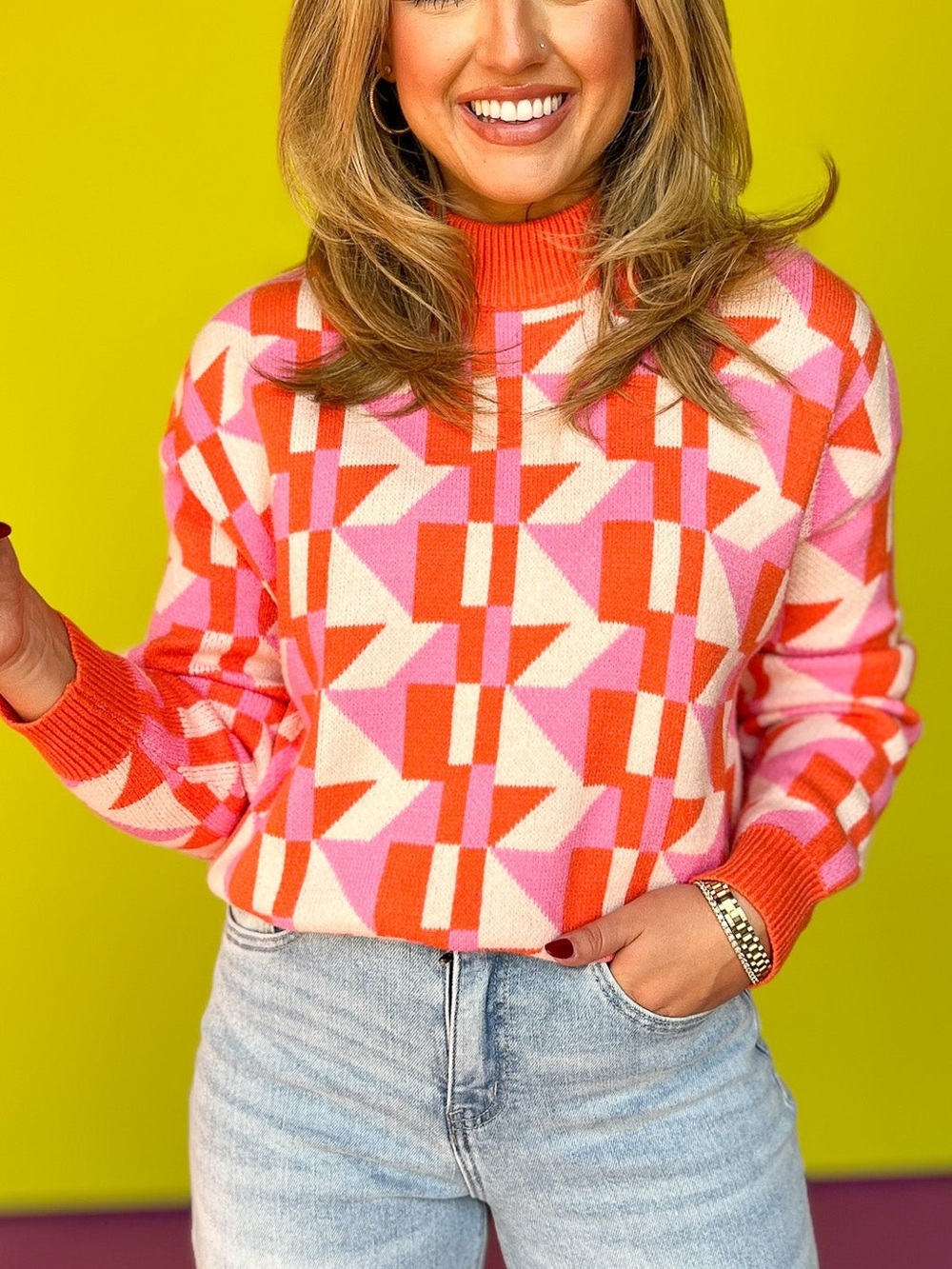 THML Multi Abstract Print Mock Neck Sweater